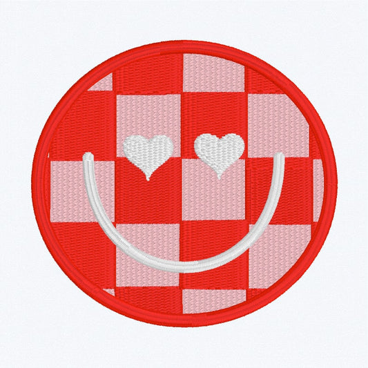 2 Designs Checkered Smile with Heart Eyes and Regular Eyes Trendy // Machine Embroidery Digital File, pes, Instant Download, valentines day